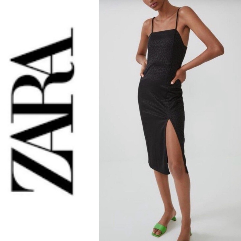 Zara black floral print midi dress with slit